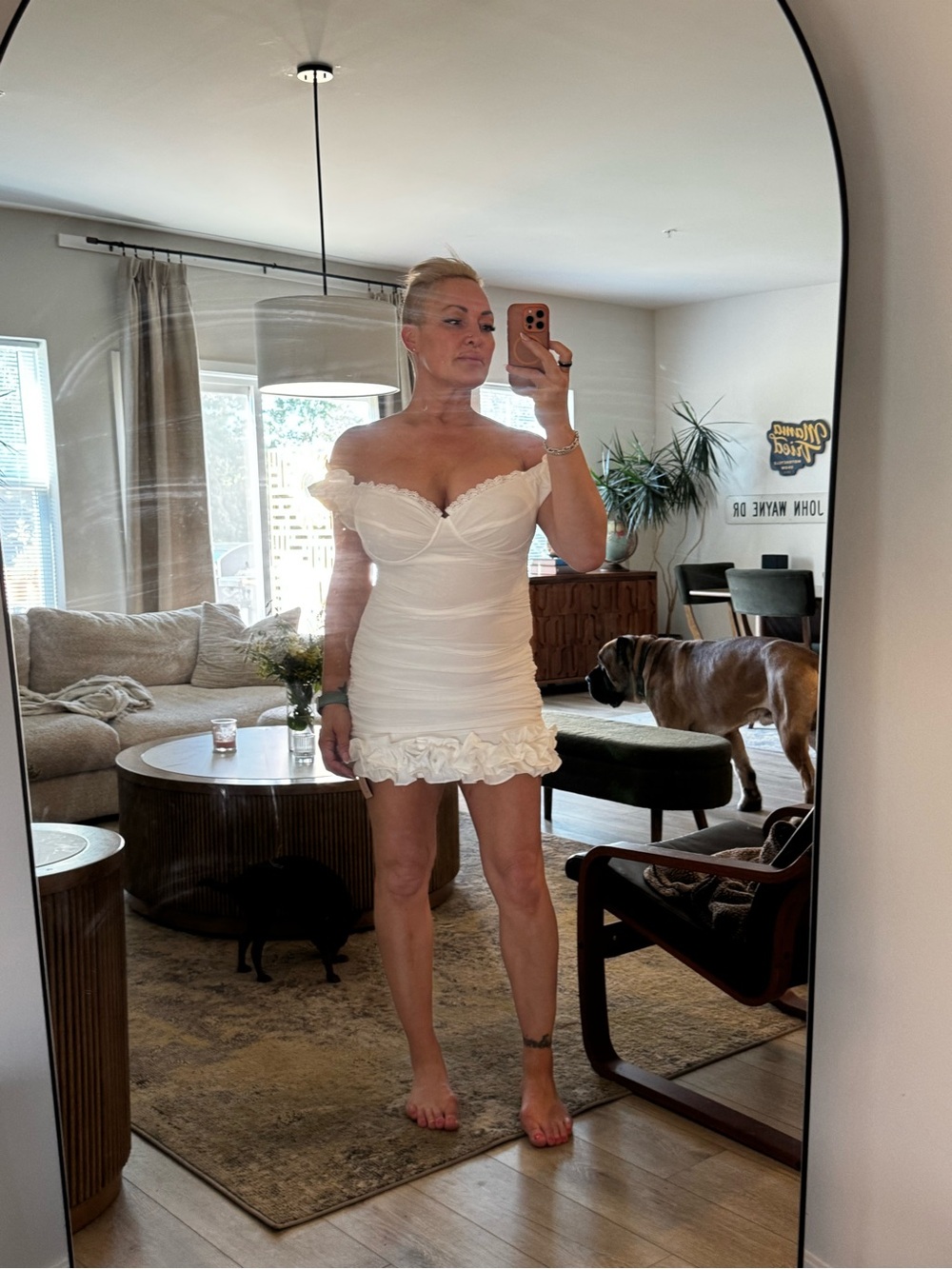SHEIN White Off-Shoulder Ruffle Hem Mini Dress. Brand new. Never worn.